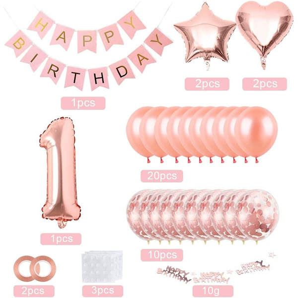 1:a födelsedagsflicka ballong, roséguld ballong 1, 1 år gammal B
