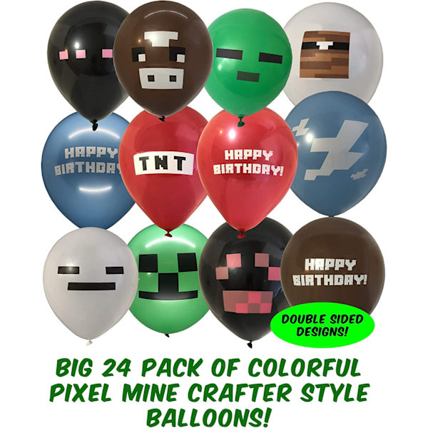 24-pakning med ballonger i Pixel Miner-stil for gamerfester - La