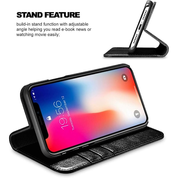 Sort Wallet Case, Premium Læder Case Folio Flip Cover med Støttefod og Trådløs Opladning