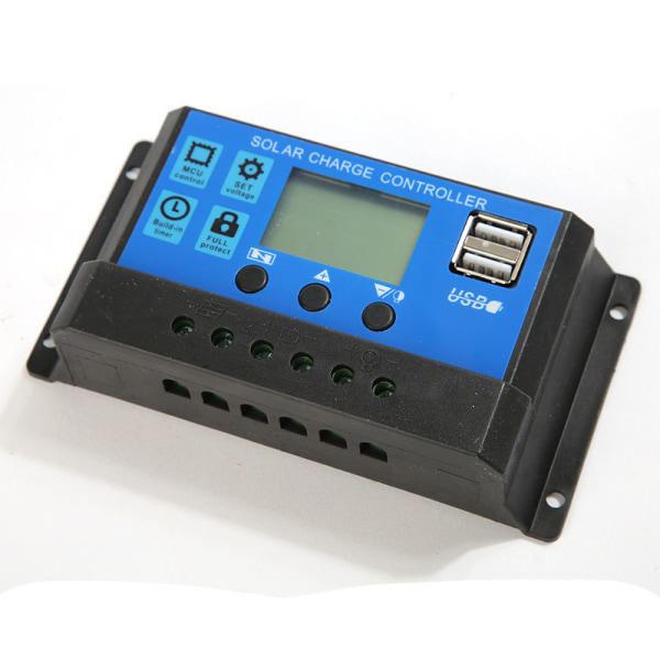Solcellepanel-laderegulator, 12V/24V, 30A, LCD-display, dobbelt USB