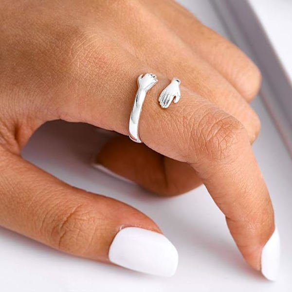 Silver Open Ring med knäppta händer Justerbar ring för kvinnor Flickor