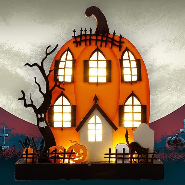 Halloween-bordpynt, 9\" x 8\" opplyst gresskarhusdekor