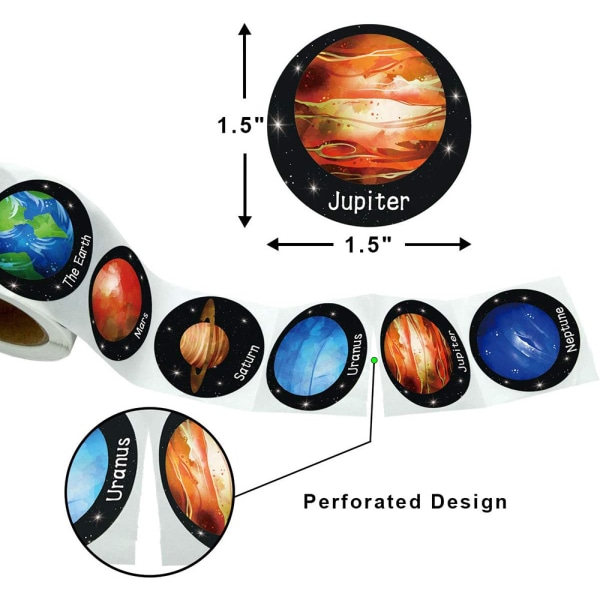 Runde planetklistermærker (500 ark/rulle), 8 designs til børn