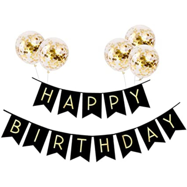 Musta syntymäpäiväkoristebanneri, Happy Birthday -ilmapallot syntymäpäivä