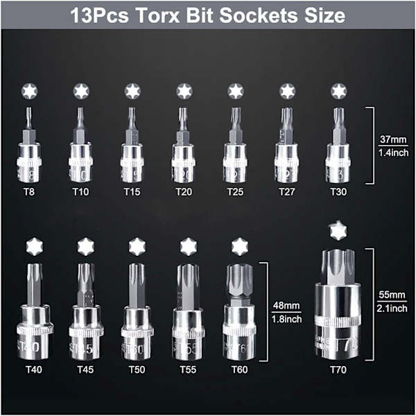 Torx hann-sokkel 1/2'', 1/4'', 3/8'', T8-T70 13 deler