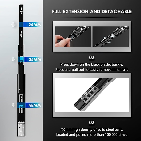 1 Pari 350 mm Laatikon Liukukiskot, Kantavuus Jopa 45 KG, Push-to-Open -laitteella ja Kuulalaakereilla 35cm