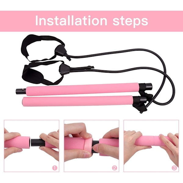 Pink - 1 Pilates Bar med modstandsbånd, bærbar og justerbar