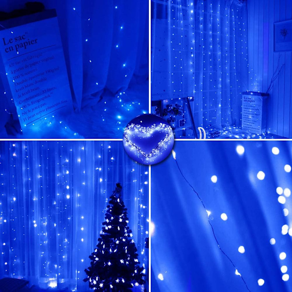 9,8ft 300 LED Gardinlys Julelys (Blå)