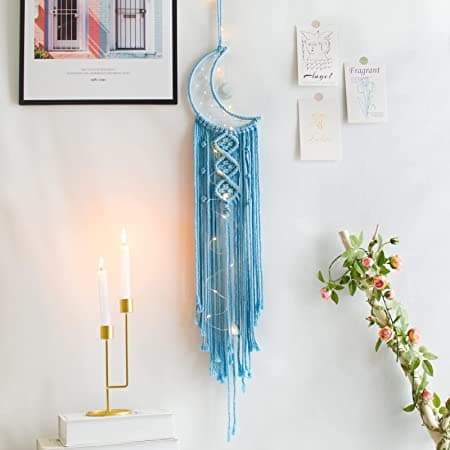 Blå måne drømmefanger med lys, romdekor, boho-dekor, vegg