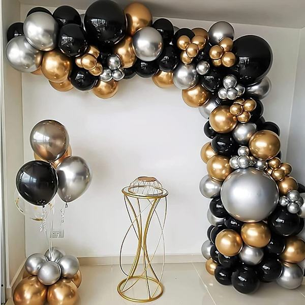 Sort og guld ballonbue sæt - 109 sorte guld og sølv balloner J