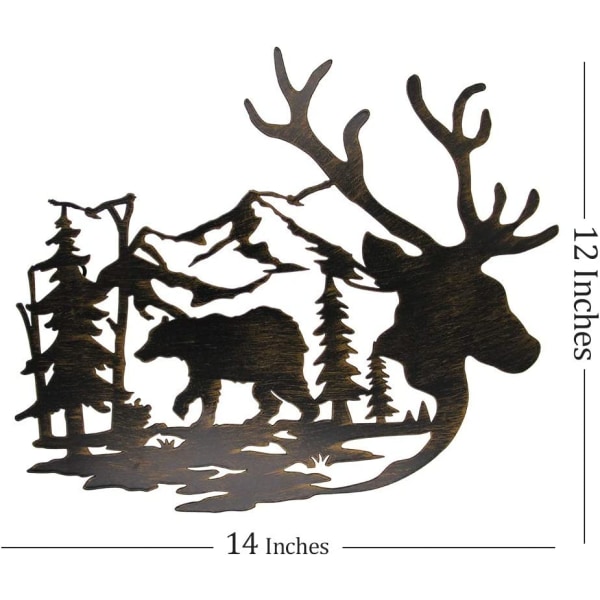 Metalliseinätaide- Deer & Bear in the Forest Pine Tree Wall Decor H