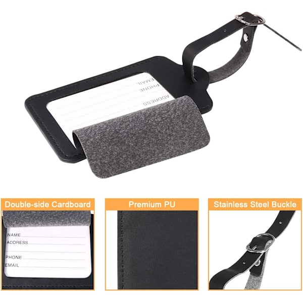 Matkalaukkuetiketit, 2 kpl, PU-nahkaa Black