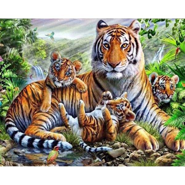 30 x 40 cm, Tigerfamiliens diamantmaleri Diamantbroderi