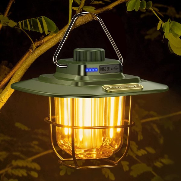 Grønn oppladbar campinglanterne, retro USB C oppladbar LED