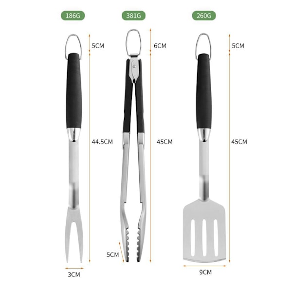 3-delat grilltillbehörskit, grilltång, stekspade och vass gaffel, grillredskapsuppsättning