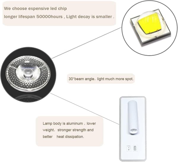 LED-vegglampe, 9W, nattbordslampe med USB-lading