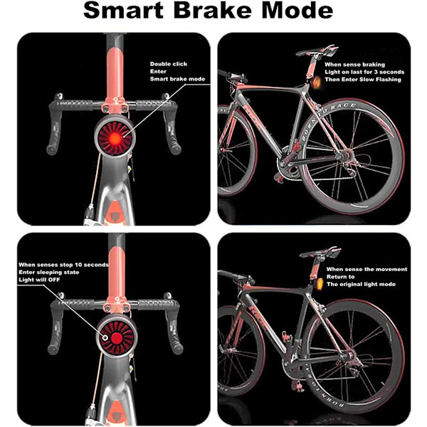 Sykkel baklys, smart brems USB oppladbar sykkel baklys,