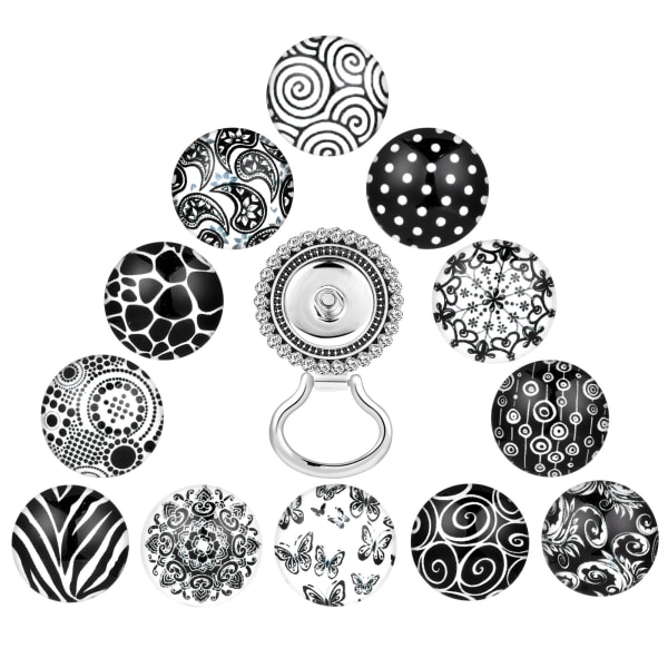 Diamantbrosch + 12 knappar svartvitt mönster, magnetisk gla