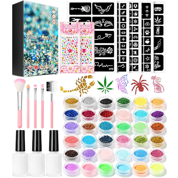 36 Färger Glitter Tatuering (Självlysande Pulver Ingår), Temporär Tatuering, Vattentät