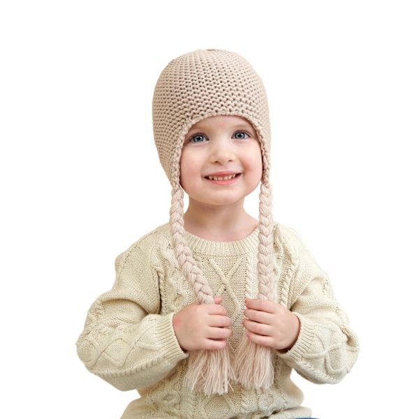 Baby Stickad Pälsboll Mössa Justerbar Flätor Öronskydd Plus