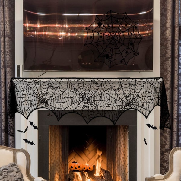 35 stk. Halloween-dekorationer, herunder sort blonder edderkoppespind rundt bord