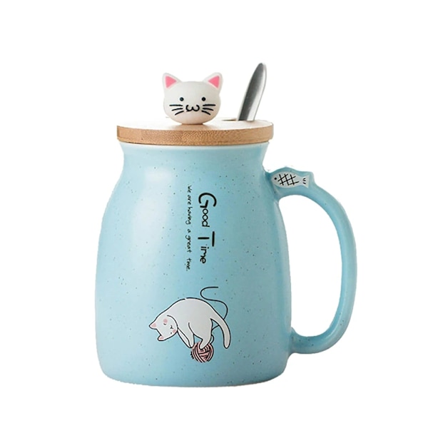 Frukostmugg Katt Kaffemugg med Lock Sked Blå - 1 styck