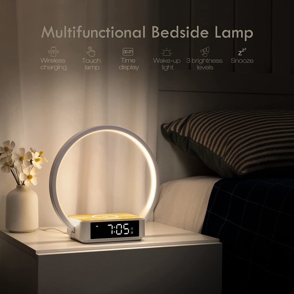 Bedroom Touch nattbordslampe, lys vekkerklokke med trådløst