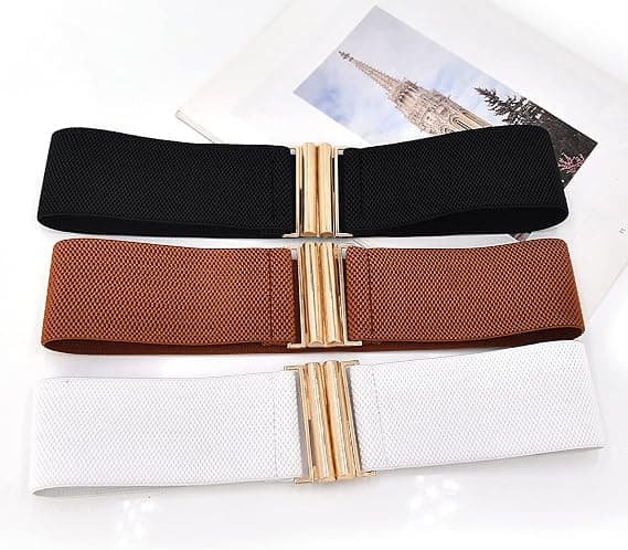 3-delad bred elastisk midjeband för kvinnor (svart/brun/vit), retr