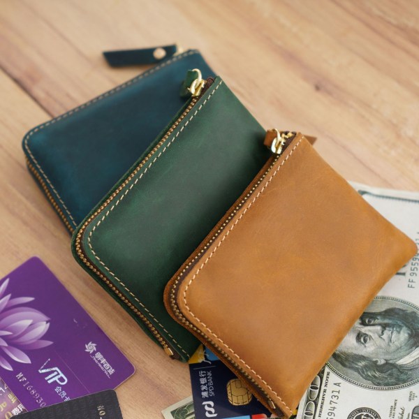 (svart) Lommebok med skinnkort, slank lommebok med glidelås (maks. 12 kort
