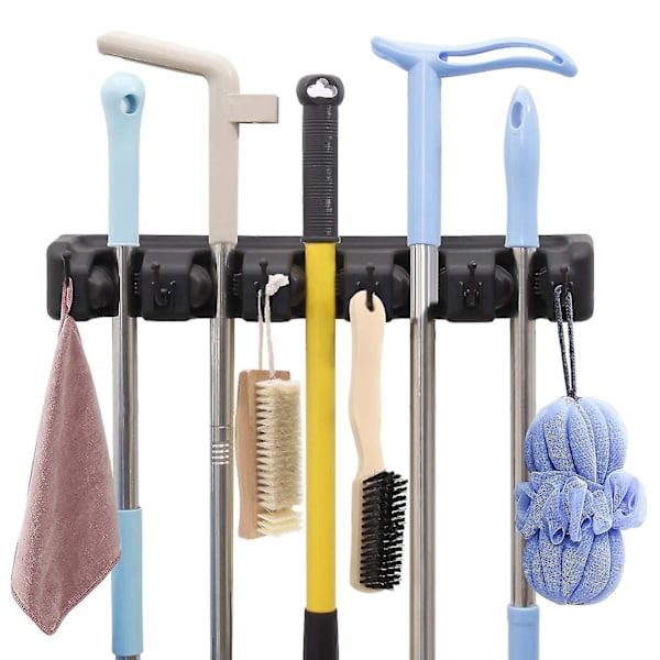 Kvastekost og moppeholder, vægmonteret opbevaringsorganisator, sort