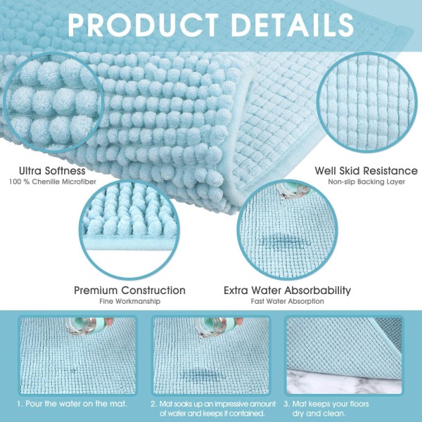 40x60cm (Lyseblå) Badematte Sklisikker Absorberende Badematte for Dusj Avløp Badekar Toalett Kjøkken Mikrofiber Chenille Maskinvaskbar