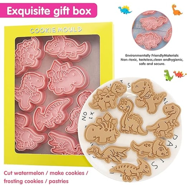 Dinosaur Cookie Cutter, 8 stykker kakeform, 3D kjeksform