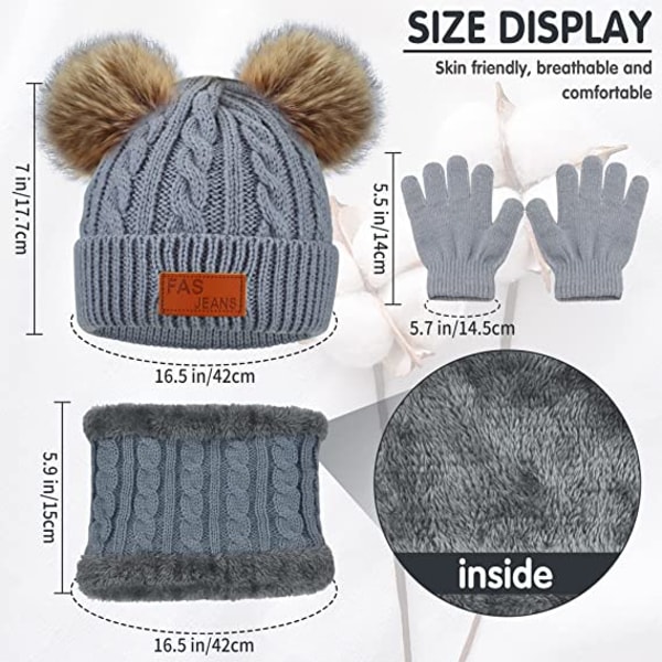 Barn Vinter Warm Beanie Hat Scarf Handskar Set grå Thermal Knit Cr