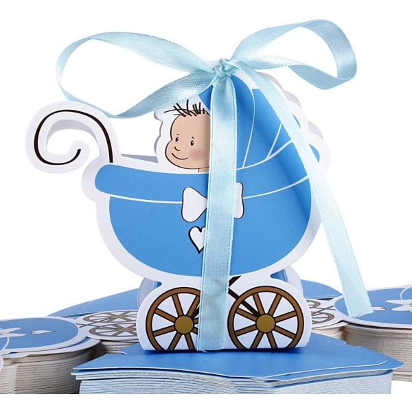 50 pcs Blue Baptism Boxes Baby Stroller Shape Paper and Ribbon B