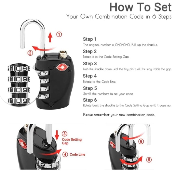 (Pakke med 2) Koffertlåser - 1, 2, 3, 4, 5, 6 Pack 4-Dial Securit