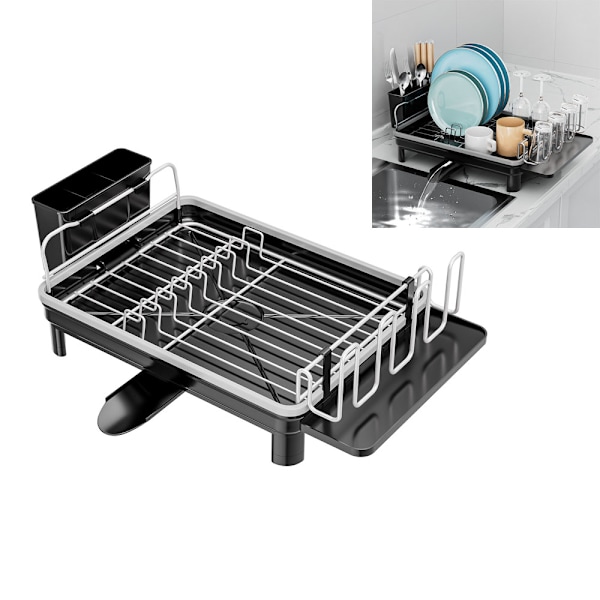 Kitchen Dish Drainer, Sink Drainer with Pouring Spout, Cutlery Holder