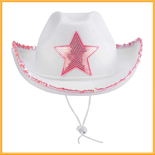 3st paljettstjärna cowboyhatt, vit westerncowboyhatt, fem