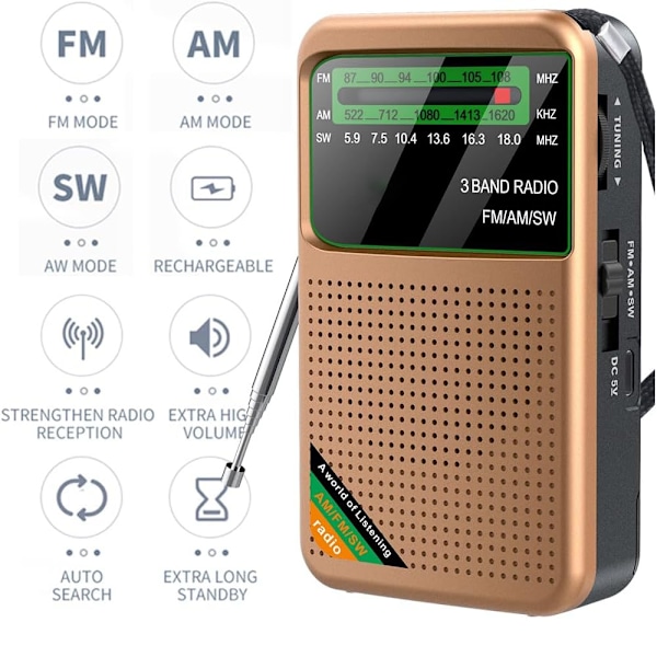FM/AM/SW - Bærbar Mini Radio - Katastroferadio - Genopladelig Radio - Guld