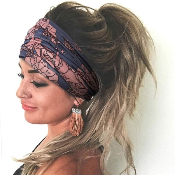 Boho Yoga Hodebånd Elastiske Brede Hodebånd Blå Hårbånd F