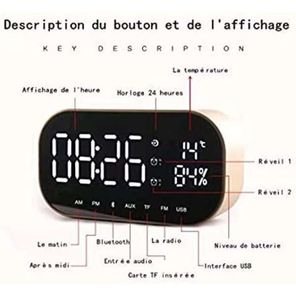 Digitalt spejlvækkeur med Bluetooth-højttaler, lys alarm