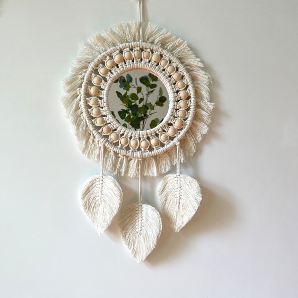 Beige, Boho Macrame Fransvägg Spegel med Träpärlor Fjäder Pe