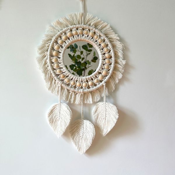 Beige, Boho Makramé Frynser Væg Spejl med Træ Perler Fjer