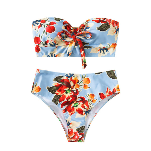 Delte bikini med blomsterprint på blå baggrund (til 88 - 93 cm) bikini s