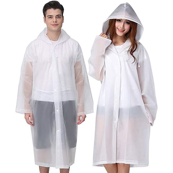 2-pack voksen poncho hvit, gjenbrukbar, regnfrakk for kvinner, hette fo