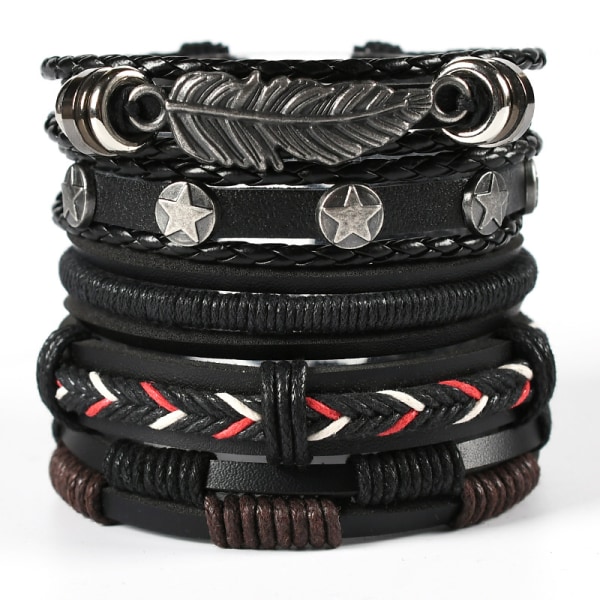 Mens Bracelet Set Beads Leather Stranded Multilayer Braided Rope