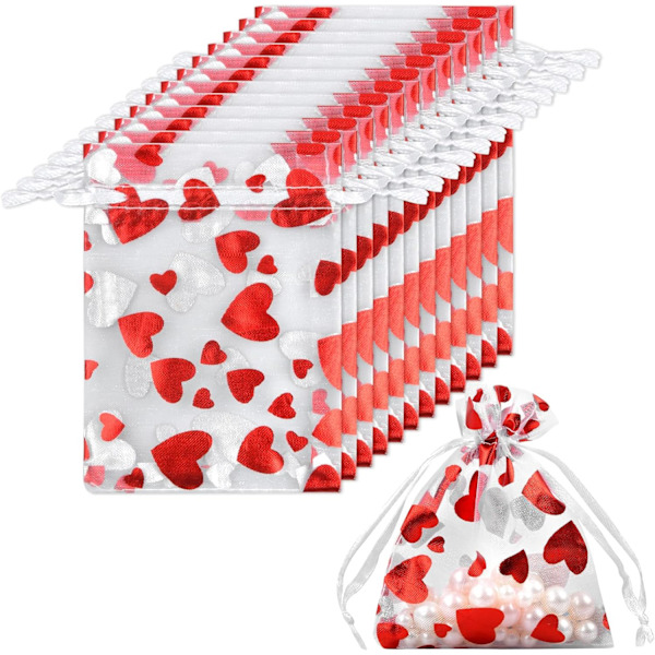 50 stk. 8x10cm Organzaposer, Gaveposer med Hjertemønster, Stofposer