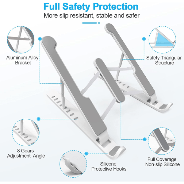 Vit laptopstativ, 8 nivåer justerbart laptopstativ, halkfri pla