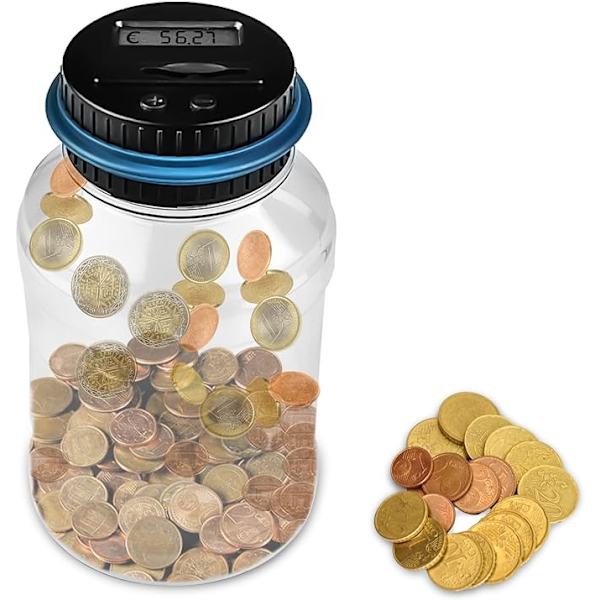 1 st elektronisk eurospargris 1,8 l stor kapacitet, digital elektronisk spargris med LCD-display, kreativ transparent automatisk mynträkningsbössa, present till barn, vuxna