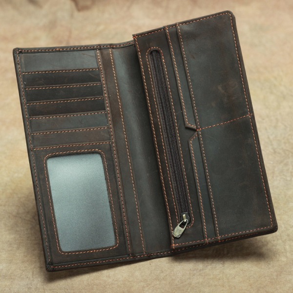 Mörkbrun-Crazy Horse Läder Lång plånbok för män Tvåfaldig Pure G