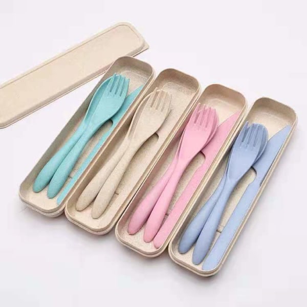 Bestiksæt med etui, beige, pink, grøn, blå, 4 stk. plastikbestik